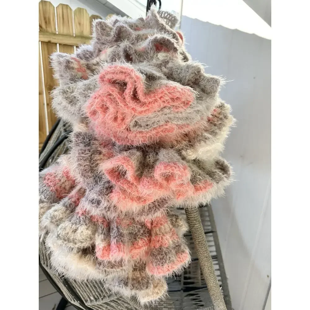 Hand Made LONG Curly Crochet CORKSCREW Throw Blanket FUZZY Grey Beige Pink